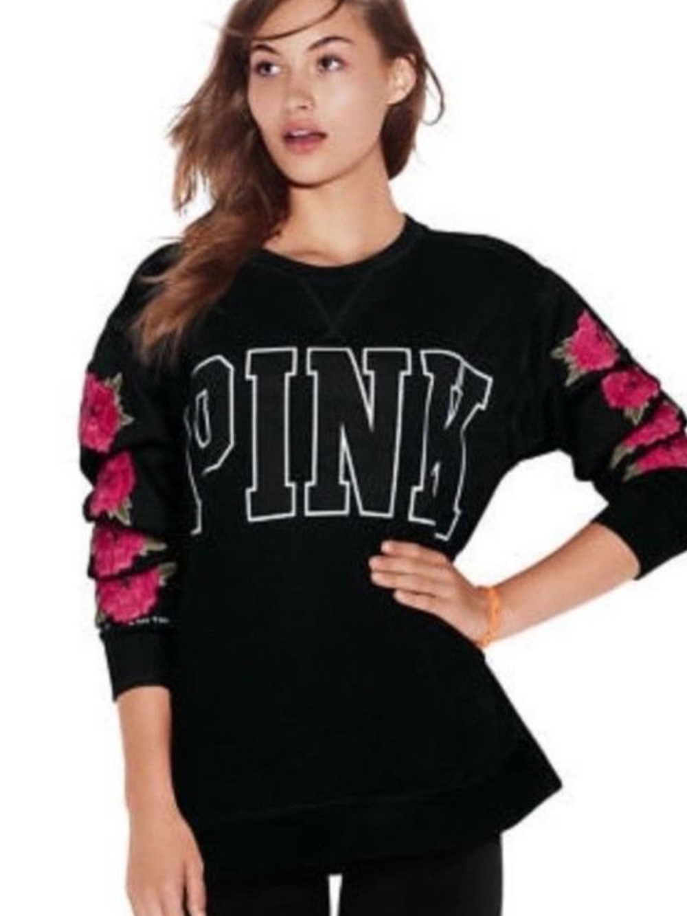 Victoria's Secret PINK Rose Embroidered Campus Crew Neck Oversized Sweatshirt M